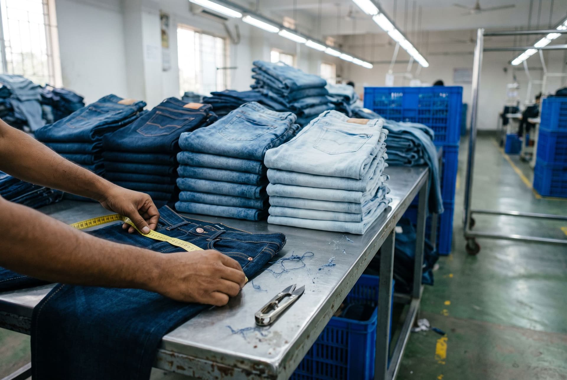 Ein Prüfer misst den Bund einer Indigo-Jeans auf einem Finishing-Tisch, auf dem Jeans in drei Waschungen gestapelt sind