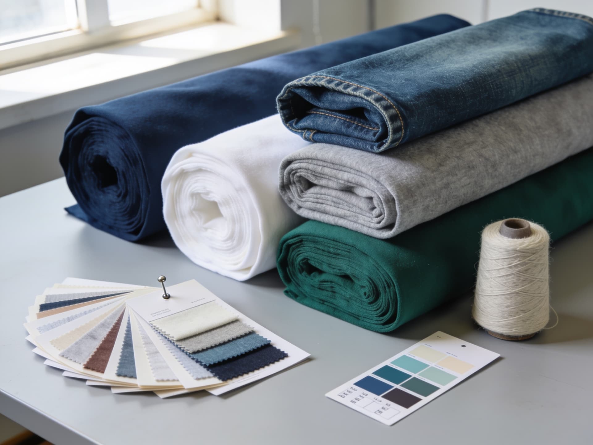 Rolls of jersey, fleece and denim fabric with swatch cards and a yarn cone