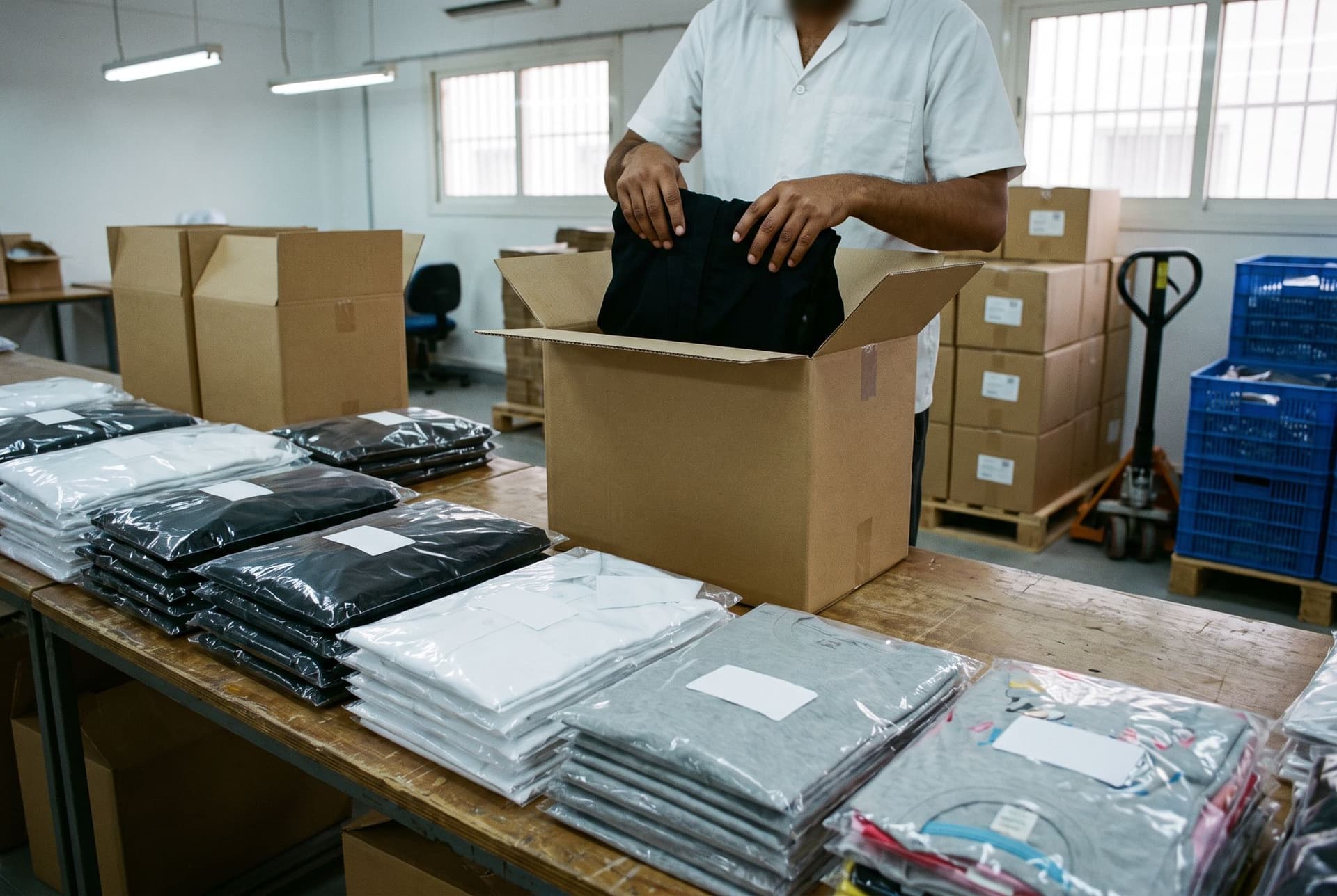 Hands packing a black abaya into an export carton beside polybagged shirts, t-shirts and kidswear, with cartons on pallets behind