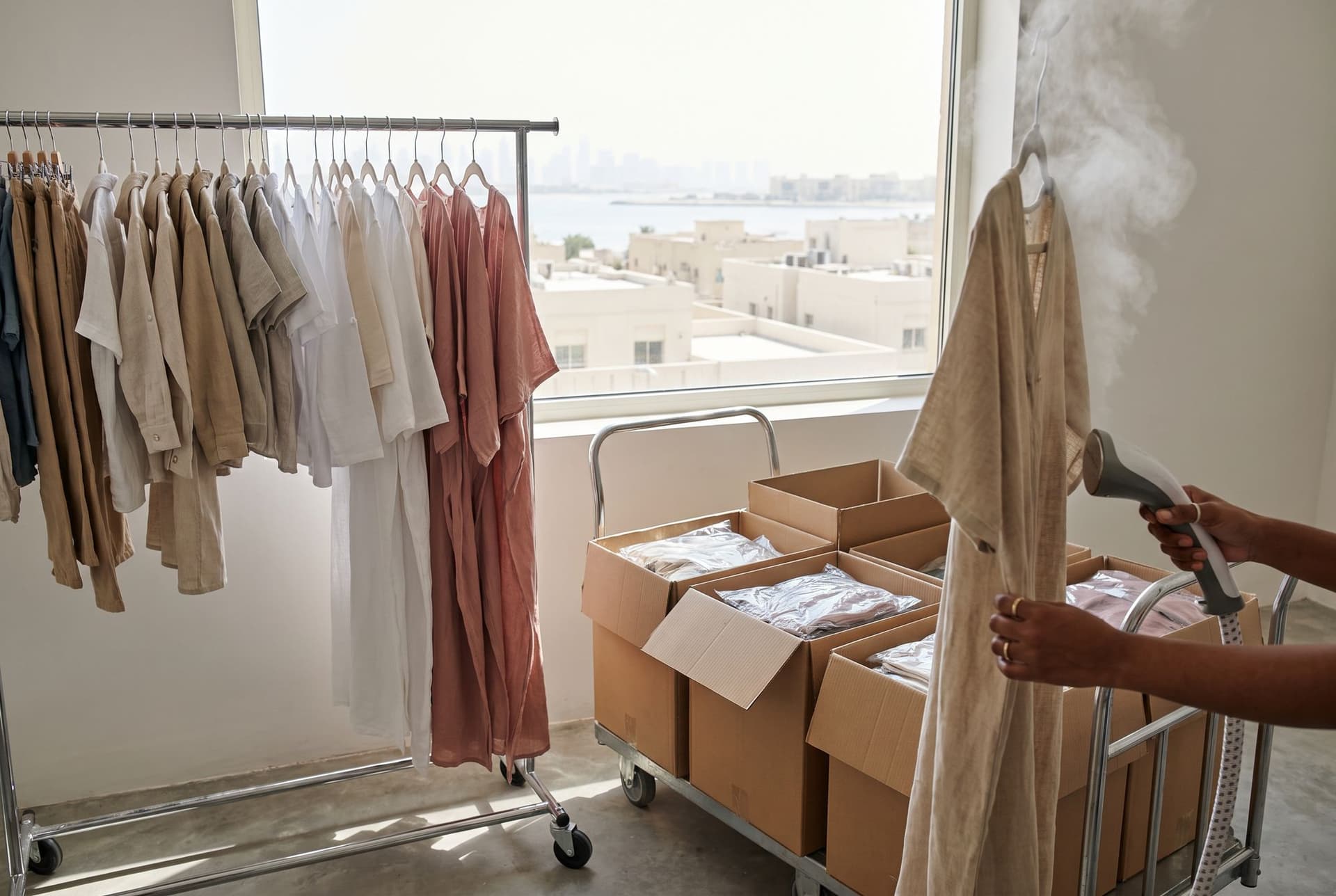 Hands steaming a sand-coloured kaftan in a stockroom, beside a rail of linen shirts and long dresses and cartons of polybagged stock
