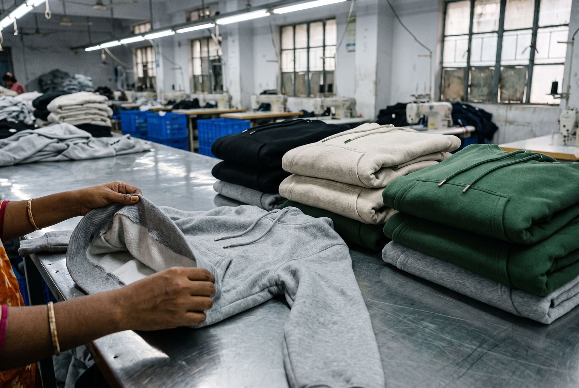 Manos revisando la felpa perchada del interior de una sudadera gris con capucha, junto a pilas de sudaderas negras, color avena y verdes