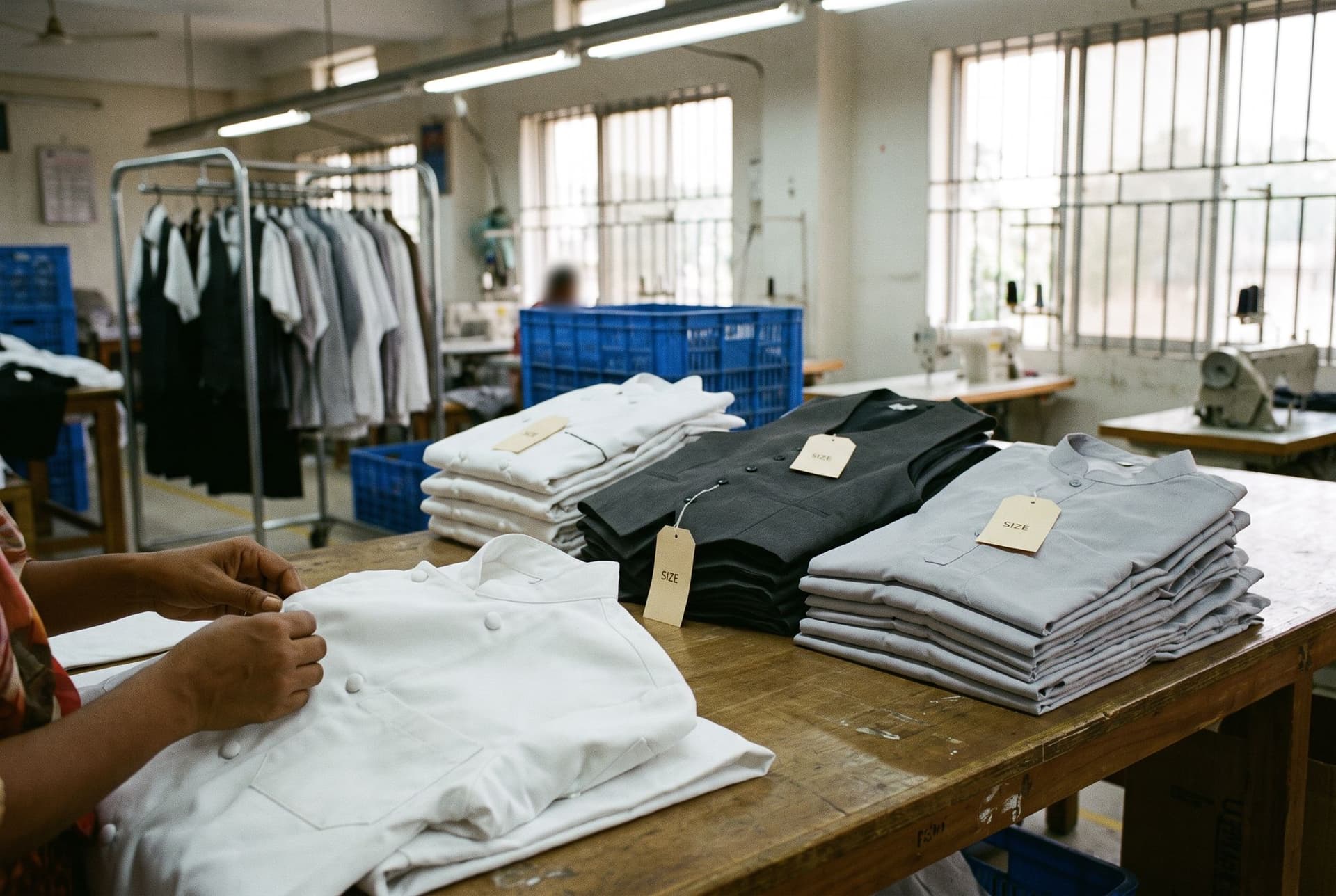 Hands buttoning a white chef jacket beside stacks of waiter waistcoats and grey housekeeping tunics with blank size tags