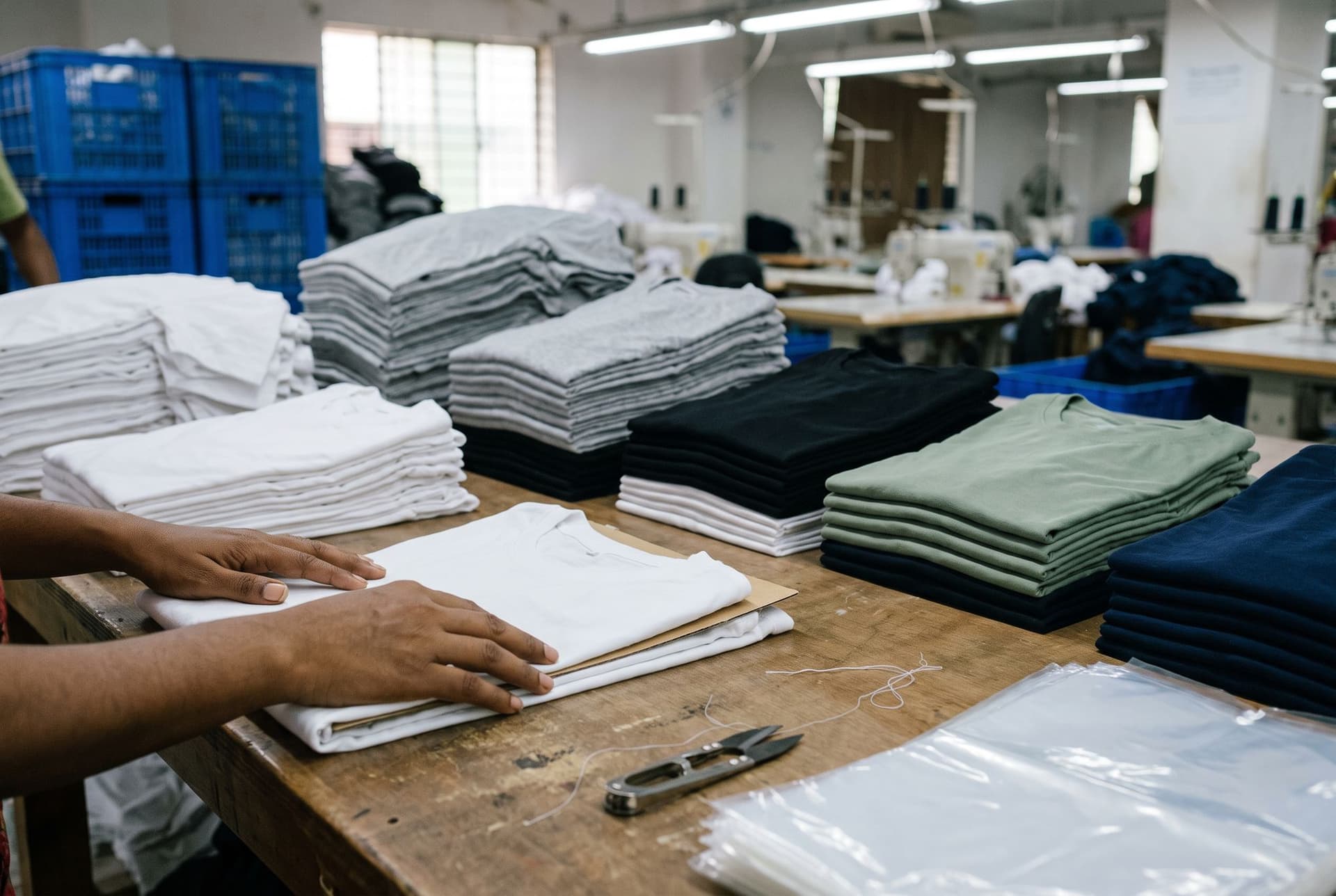 Des mains plient un T-shirt blanc en coton autour d’une planche, à côté de piles de T-shirts unis en cinq couleurs