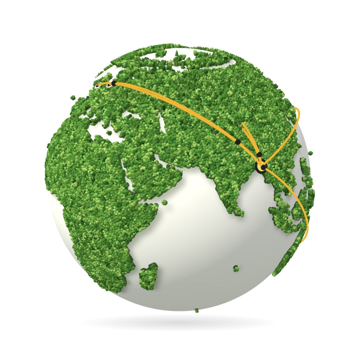 Globe with routes drawn from Chattogram, Bangladesh, to the United Kingdom, the European Union, the United States, Canada, Australia and Japan