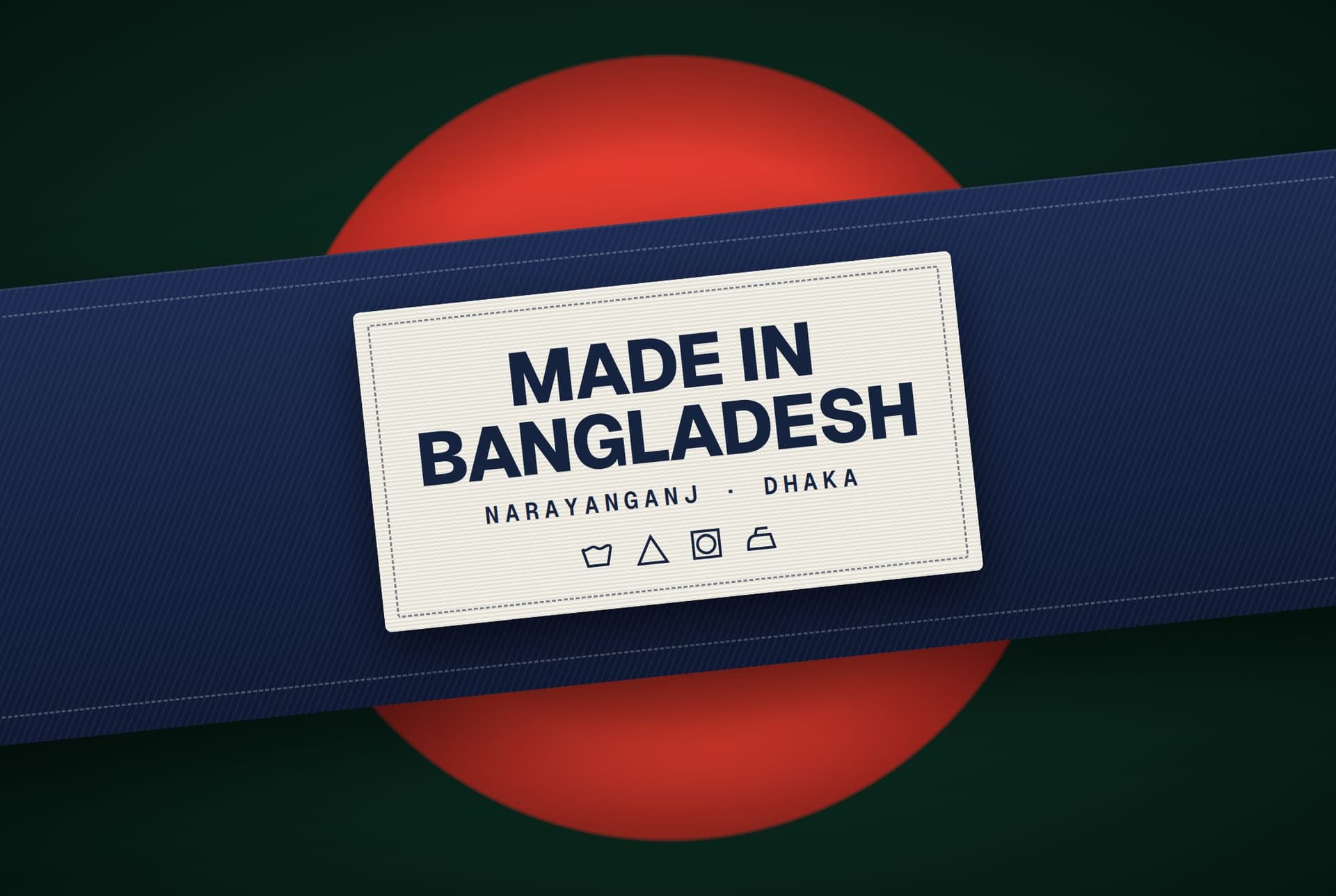 Illustration of a woven clothing label reading Made in Bangladesh, Narayanganj, Dhaka, sewn onto navy suit cloth in front of a red circle on dark green